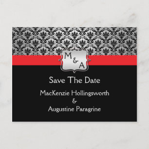Postal De Anuncios Negro Red Silver Monograma Damask Save the Date