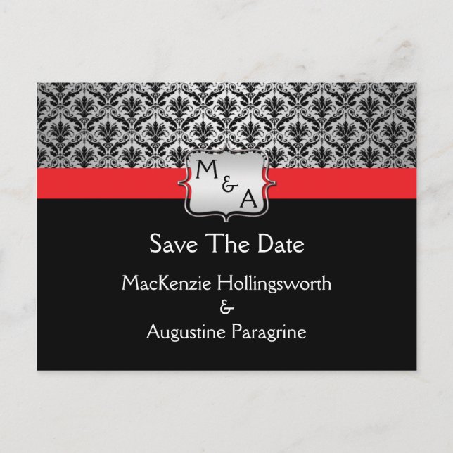 Postal De Anuncios Negro Red Silver Monograma Damask Save the Date (Anverso)