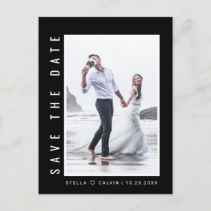 Postal De Anuncios Negro Simple & Moderno Foto de Boda Guardar la Fec