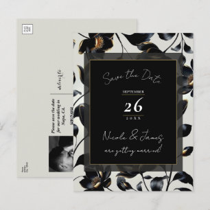 Postal De Anuncios Negro y Dorado Floral Gris Beige Avisa de Boda Sav