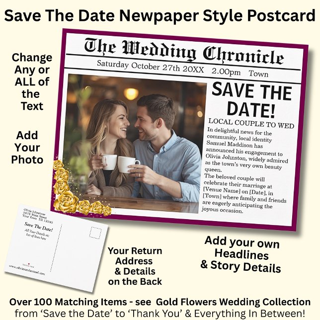 Postal De Anuncios Newspaper Photo Style Save The Date, Maroon & Gold (Subido por el creador)