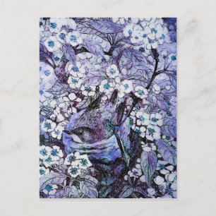 POSTAL DE ANUNCIOS NIDO DE PÁJARO, ÁRBOL CON FLORES BLANCAS Y AZULES 