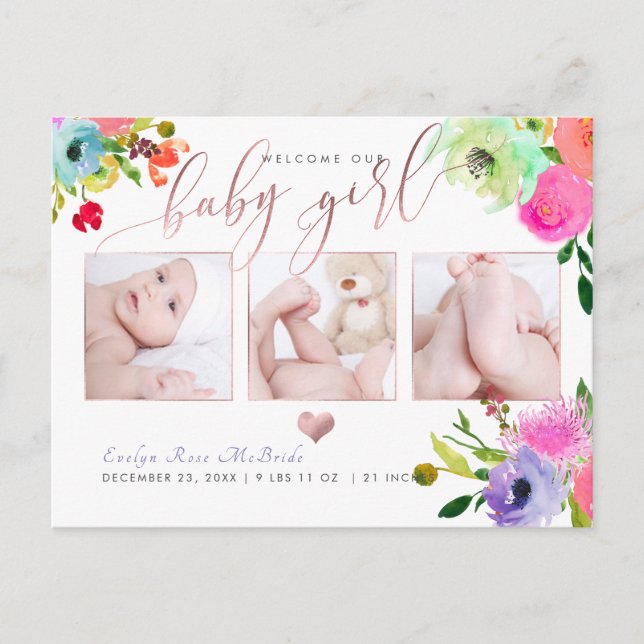 Postal De Anuncios Niña Bebé Acuarela Floral de PixDezines (Anverso)