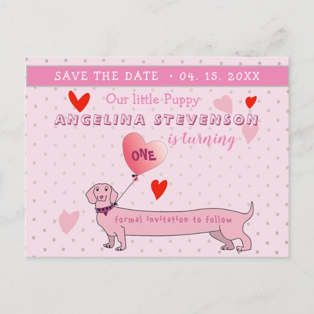 Postal De Anuncios Niña de 1er cumpleaños rosa guardar la fecha (Anverso)