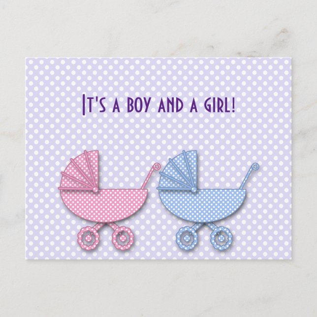 Postal De Anuncios niño gemelo & niña cochecito de lunares - regalos (Anverso)