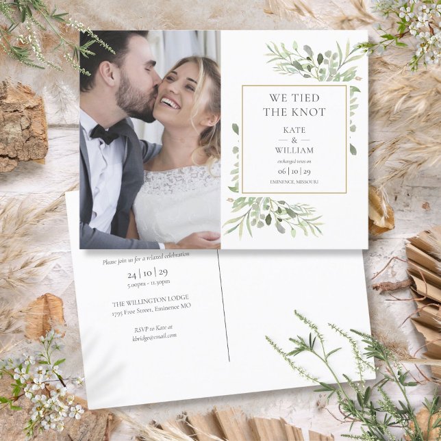 Postal De Anuncios Nos Casamos Foto Boda De Greenery (We Tied The Knot Greenery Photo Wedding Announcement Postcard)