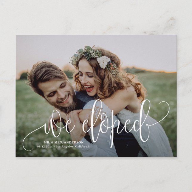 Postal De Anuncios Nos Fugamos | Preciosa Foto de Elopement con Letra (Anverso)