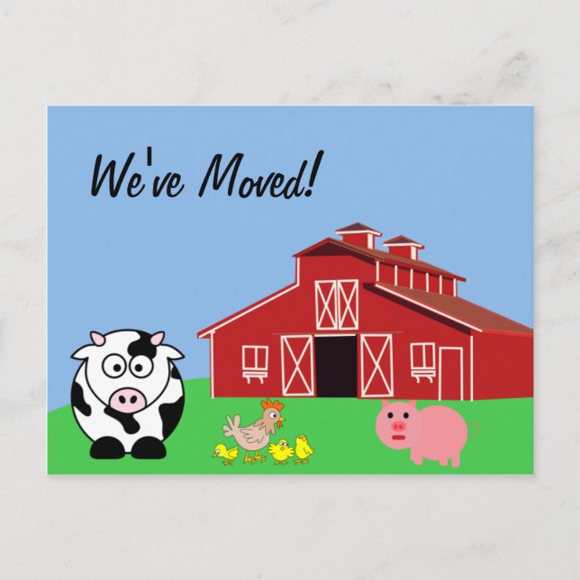 Postal De Anuncios Nos hemos mudado (al estilo de una granja animal) (Anverso)