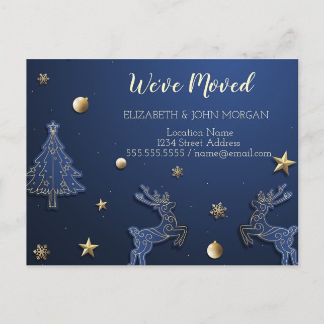 Postal De Anuncios Nos hemos mudado, árbol azul de Navidad, reno (Anverso)
