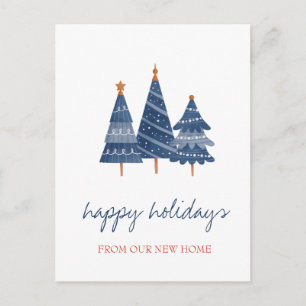 Postal De Anuncios Nos hemos mudado, árbol de Navidad azul de vacacio