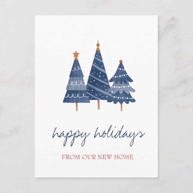 Postal De Anuncios Nos hemos mudado, árbol de Navidad azul de vacacio (Anverso)