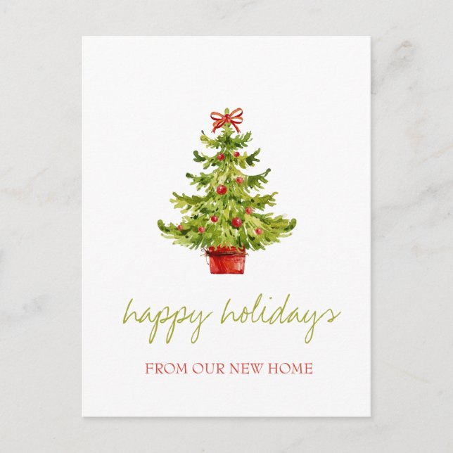 Postal De Anuncios Nos hemos mudado, árbol de Navidad, bolas de fiest (Anverso)