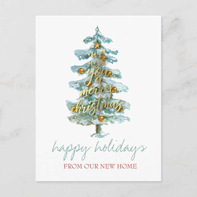 Postal De Anuncios Nos hemos mudado Árbol de pino,Bolas,Estrellas Fie (Anverso)