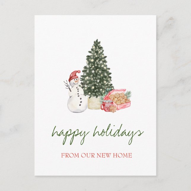 Postal De Anuncios Nos Hemos Mudado, Árbol De Pinos, Hombre De Nieve, (Anverso)