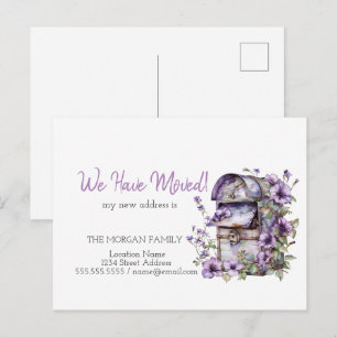 Postal De Anuncios Nos hemos mudado, Buzón Antiguo Flores Violetas