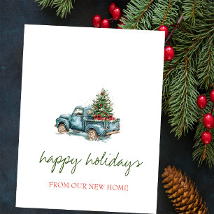 Postal De Anuncios Nos Hemos Mudado, Camión Azul, Vacaciones De Árbol