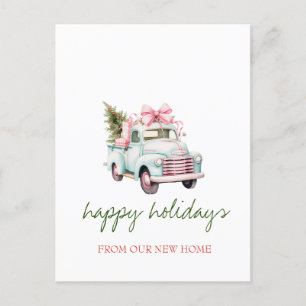 Postal De Anuncios Nos Hemos Mudado, Camión Azul, Vacaciones De Árbol