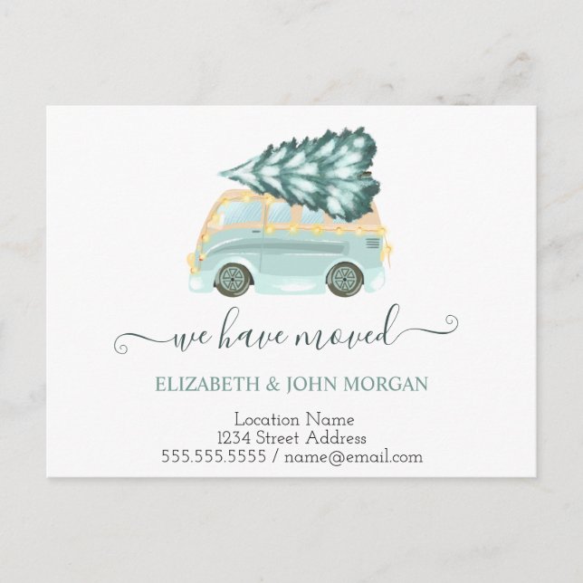 Postal De Anuncios Nos hemos mudado Camión Verde Árbol de Navidad  (Anverso)