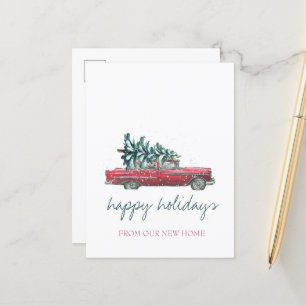 Postal De Anuncios Nos Hemos Mudado, Coche Retro, Árbol De Navidad