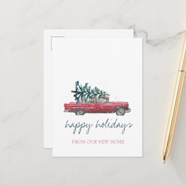 Postal De Anuncios Nos hemos mudado,Coche Retro,Árbol de Navidad (Anverso/Reverso In Situ)