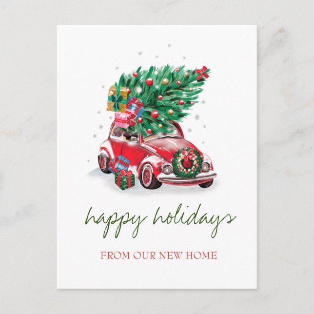 Postal De Anuncios Nos hemos mudado,Coche Rojo,Árbol de Pino Navideño (Anverso)