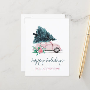 Postal De Anuncios Nos Hemos Mudado, Coche Rosa, Árbol De Navidad