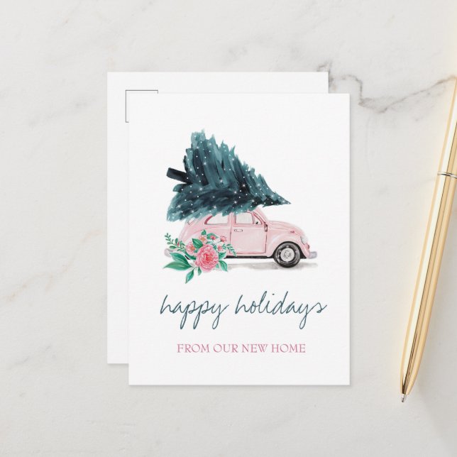 Postal De Anuncios Nos Hemos Mudado, Coche Rosa, Árbol De Navidad (Anverso/Reverso In Situ)