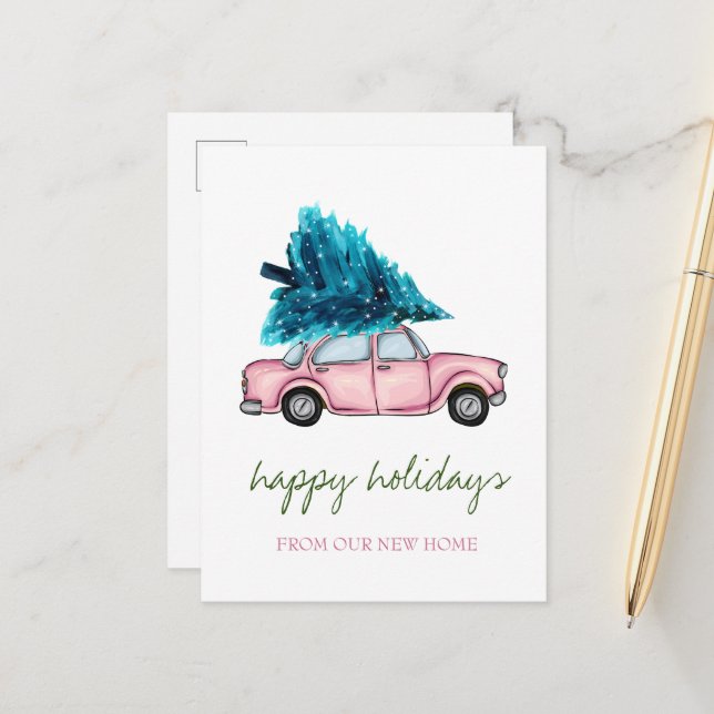 Postal De Anuncios Nos hemos mudado,Coche Rosa,Pino Navideño  (Anverso/Reverso In Situ)