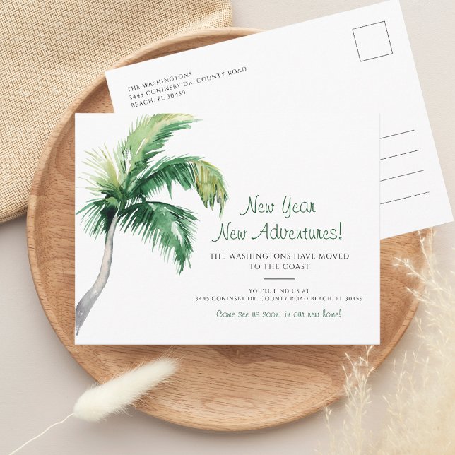 Postal De Anuncios Nos hemos mudado de Año Nuevo (New Year New Adventures Change of Address Palm Tree Moving Announcement Postcard)