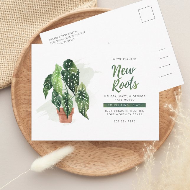 Postal De Anuncios Nos hemos mudado de dirección (New Roots Change of Address Watercolor Potted Plant Moving Announcement Postcard)