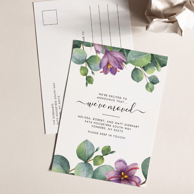 Postal De Anuncios Nos hemos mudado de eucalipto a follaje verde púrp (Botanical Sage Green Purple Eucalyptus Moving Announcement)