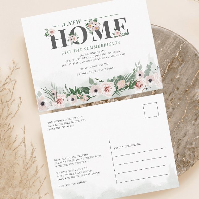 Postal De Anuncios Nos hemos mudado Elegant Moving (Botanical Pink Floral and Greenery Moving Announcement Postcard)