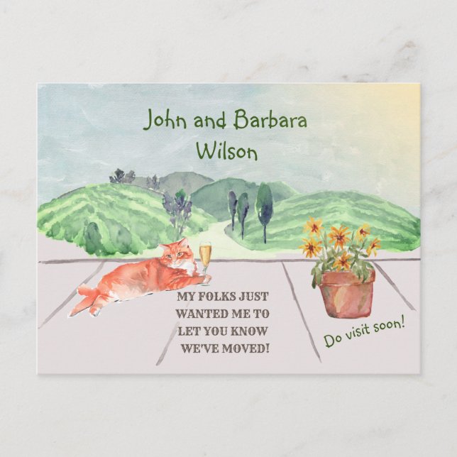 Postal De Anuncios Nos hemos mudado Gato familiar divertido celebra m (Anverso)