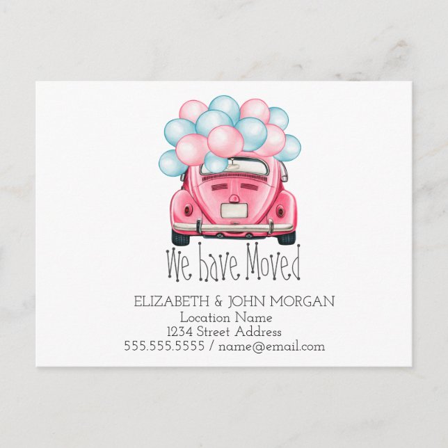 Postal De Anuncios Nos Hemos Mudado, Globos De Coche, Nueva Dirección (Anverso)