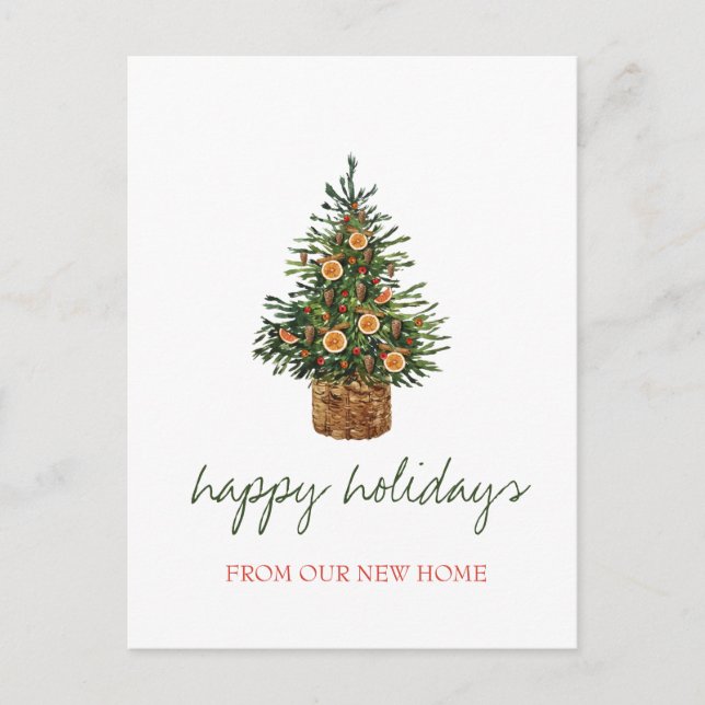 Postal De Anuncios Nos Hemos Mudado, Navidad Naranja de Árboles (Anverso)