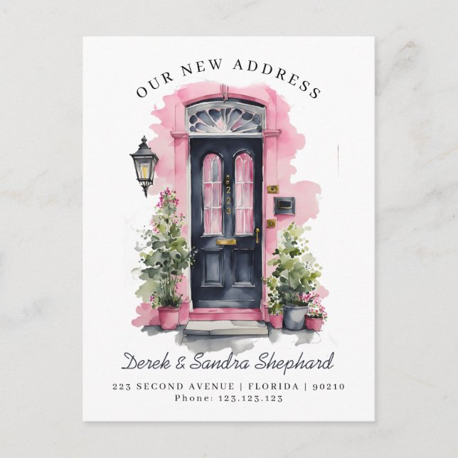 Postal De Anuncios Nos hemos mudado Nueva Dirección puerta de acuarel (Anverso)