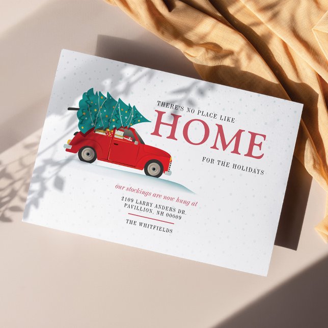 Postal De Anuncios Nos Mudamos Navidad Nueva Dirección Coche Rojo Mud (Moving Home Update Christmas Holidays Announcement Postcard)