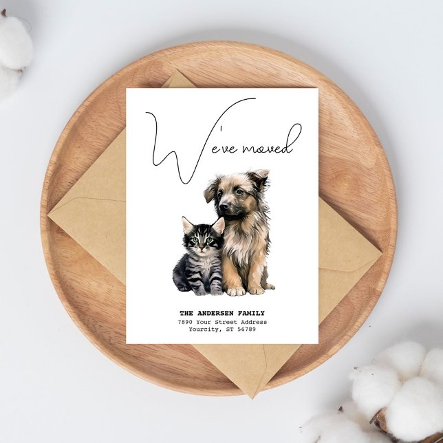 Postal De Anuncios Nos Mudamos Nueva Dirección Gato Perro Acuarela Mu (Weve Moved New Address Cat Dog Watercolor Moving Announcement Postcard)