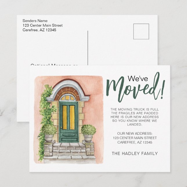 Postal De Anuncios Nos Mudamos Puerta Verde Acuarela (Anverso / Reverso)