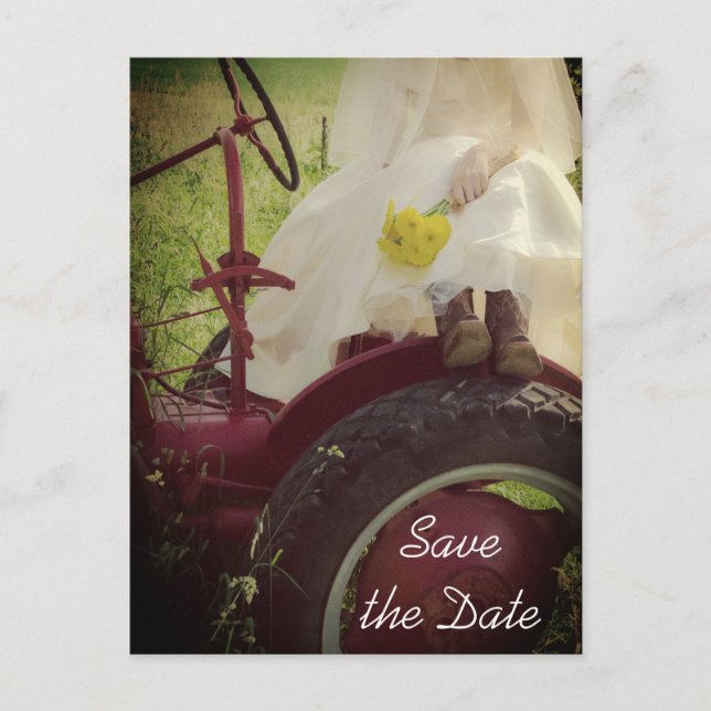 Postal De Anuncios Novia en Tractor País Boda Aviso de Próxima Boda (Anverso)