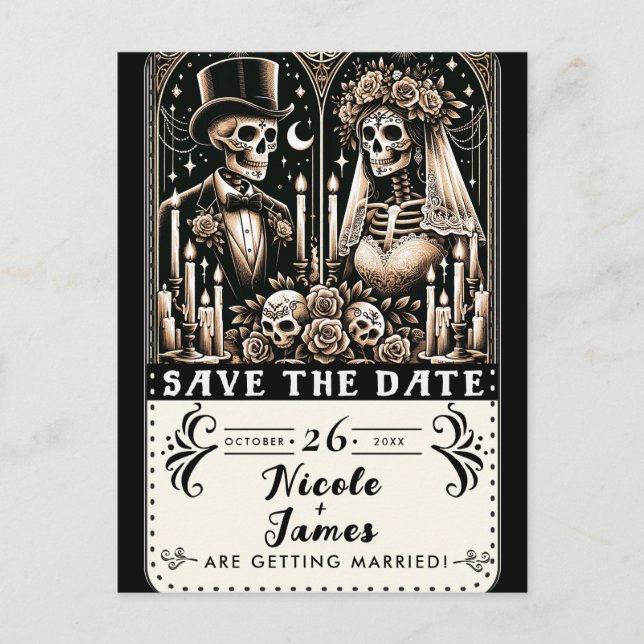 Postal De Anuncios Novia Esqueletos Tarot Novio Boda Salva la Fecha (Anverso)