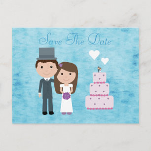 Postal De Anuncios Novia, Novio y Torta de Dibujos Animados Adorable 