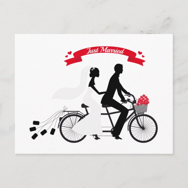Postal De Anuncios Novia recién casada y novio en bicicleta tándem (Anverso)
