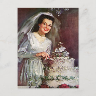 Postal De Anuncios Novia vintage con pastel de Boda Salven la fecha