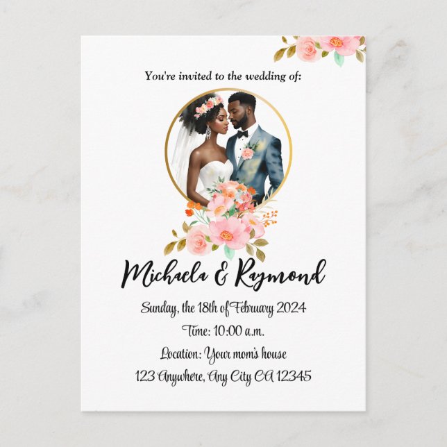 Postal De Anuncios Novia y novio afroamericanos en boda (Anverso)