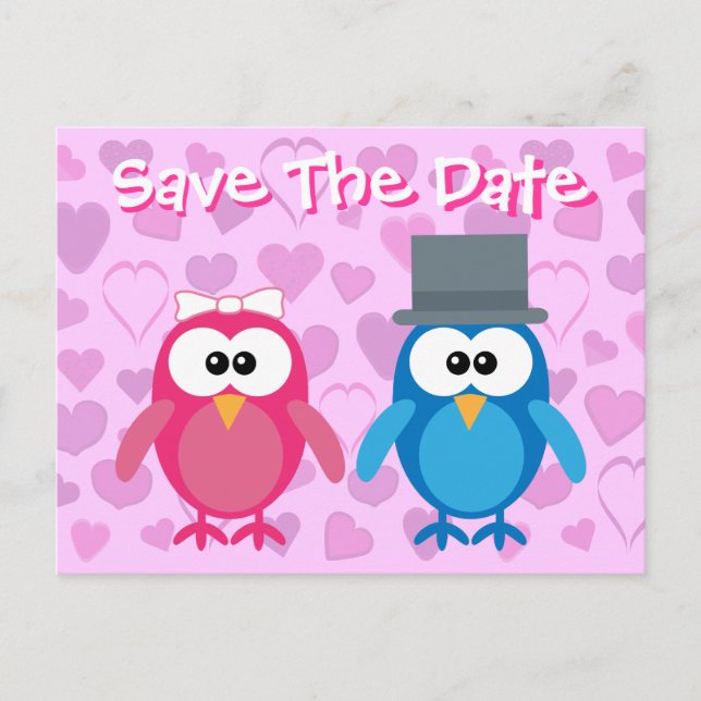 Postal De Anuncios Novia y Novio Búhos Lindos Salvan la Fecha de la B (Anverso)