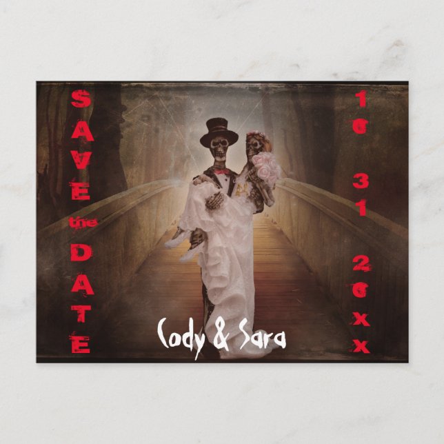 Postal De Anuncios Novia y novio esqueleto espeluznantes save the dat (Anverso)