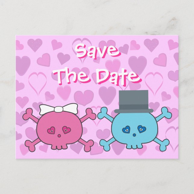 Postal De Anuncios Novia y Novio Lindos Calaveras Salva la Fecha Boda (Anverso)