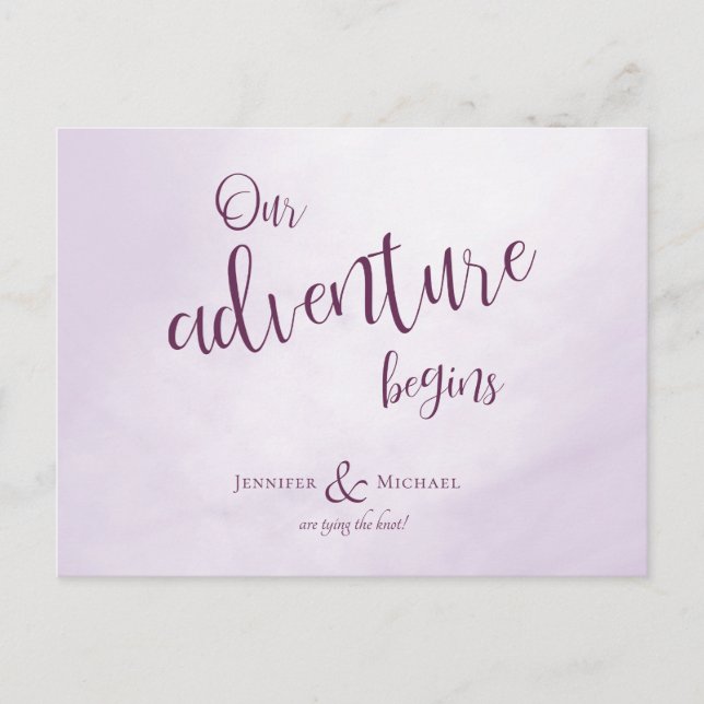 Postal De Anuncios Nuestra aventura comienza caligrafía ciruela boda (Anverso)