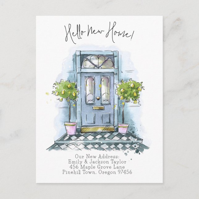 Postal De Anuncios Nueva Casa - Dirección Moderna Puerta Acuarela (Anverso)